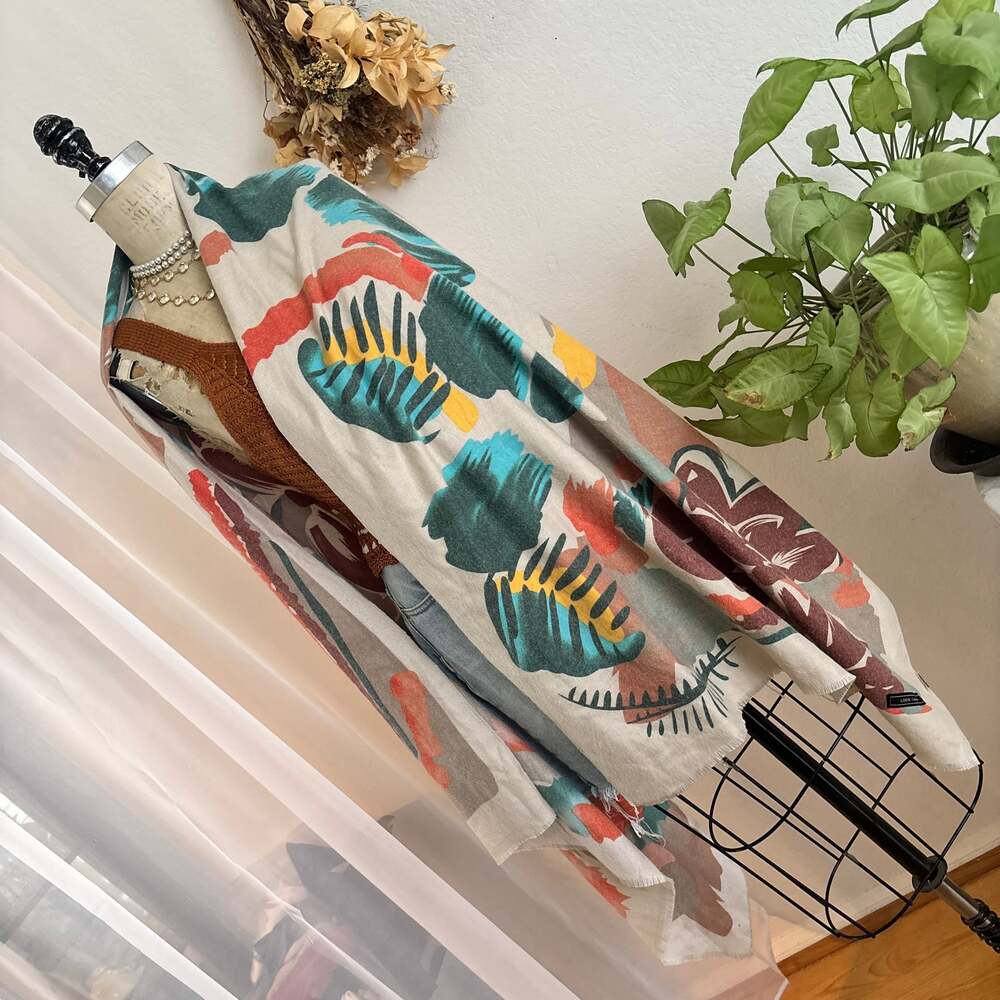 100% cashmere Tropical Leaf Print Button Down Roll-Tab Sleeve Blouse